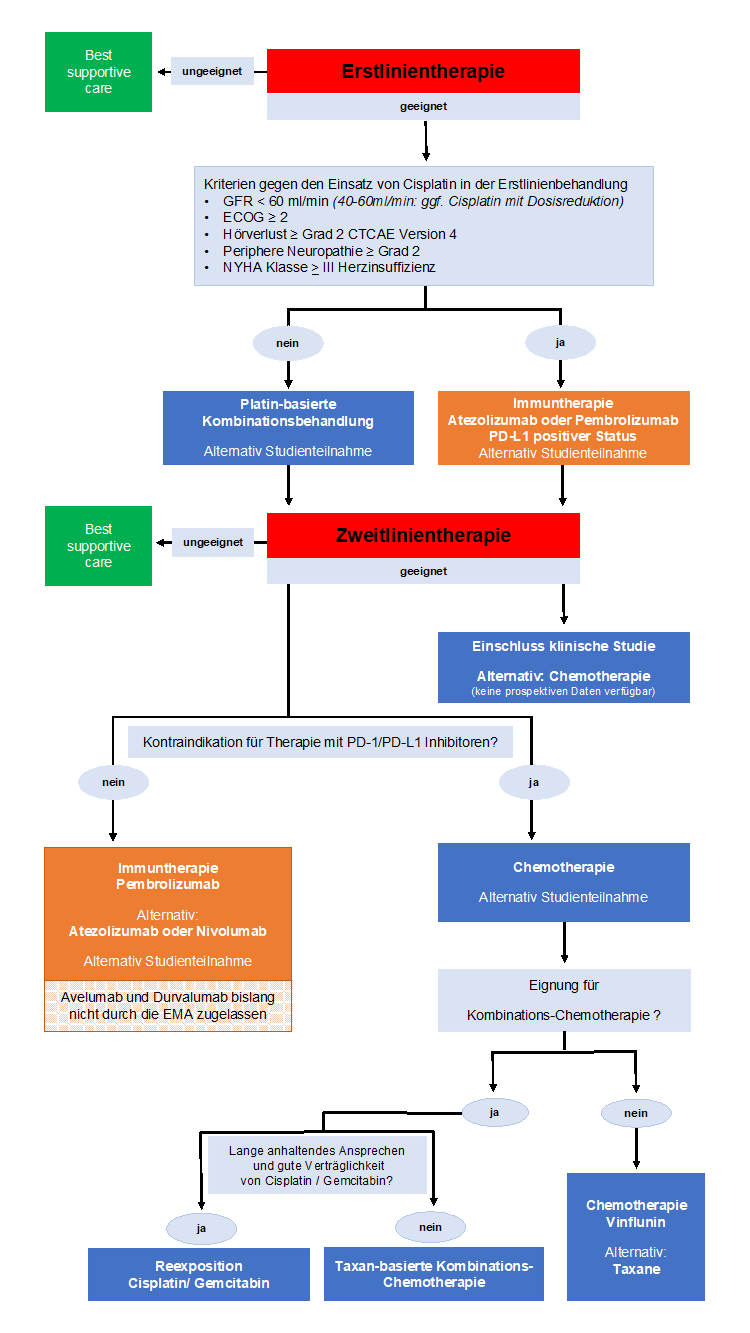 Schematische Darstellung für die Therapieentscheidung in der Erst- und Zweilinienbehandlung des lokal fortgeschrittenen oder metastasierten Urothelkarzinoms