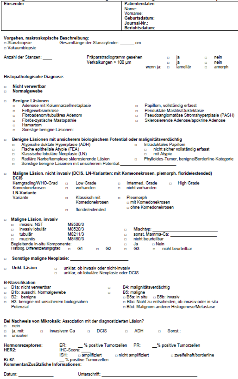 Standardized form 2A – Pathology report for core or vacuum-assisted biopsy