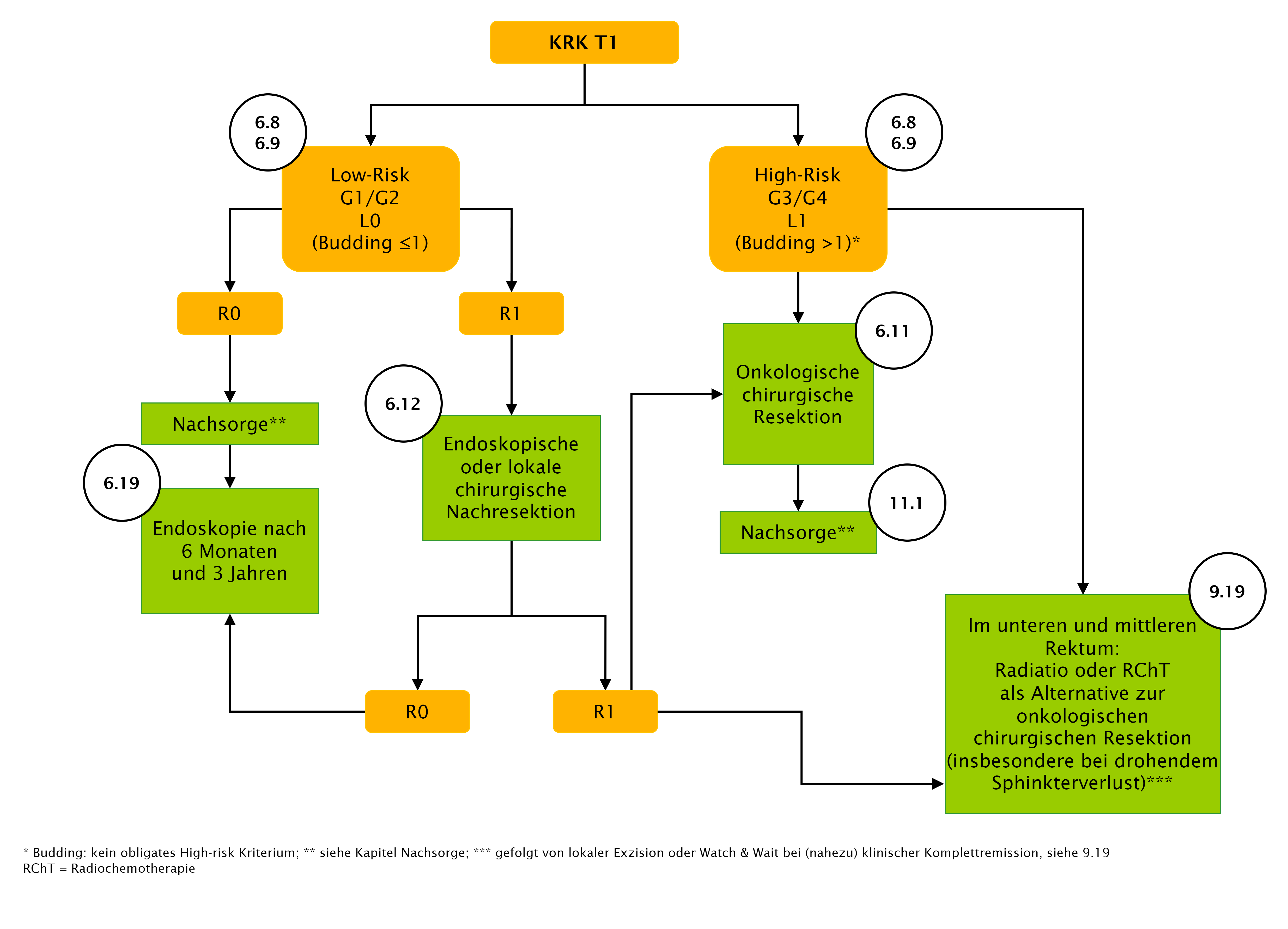 Flowchart zum therapeutischen Vorgehen bei kolorektalen T1-Karzinomen