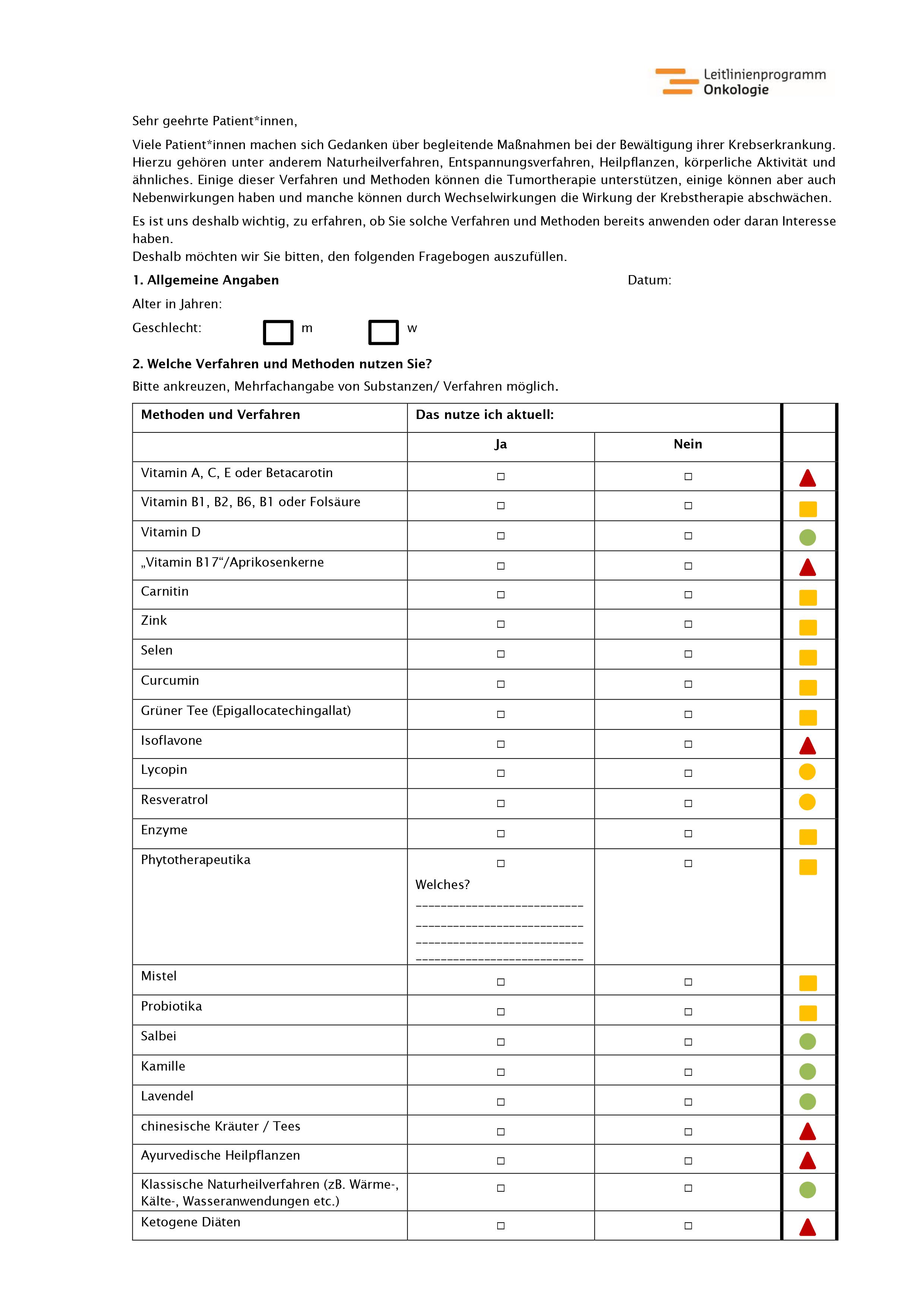 Fragebogen strukturierte Erfassung der Nutzung komplementärmedizinischer Verfahren (Seite 1)
