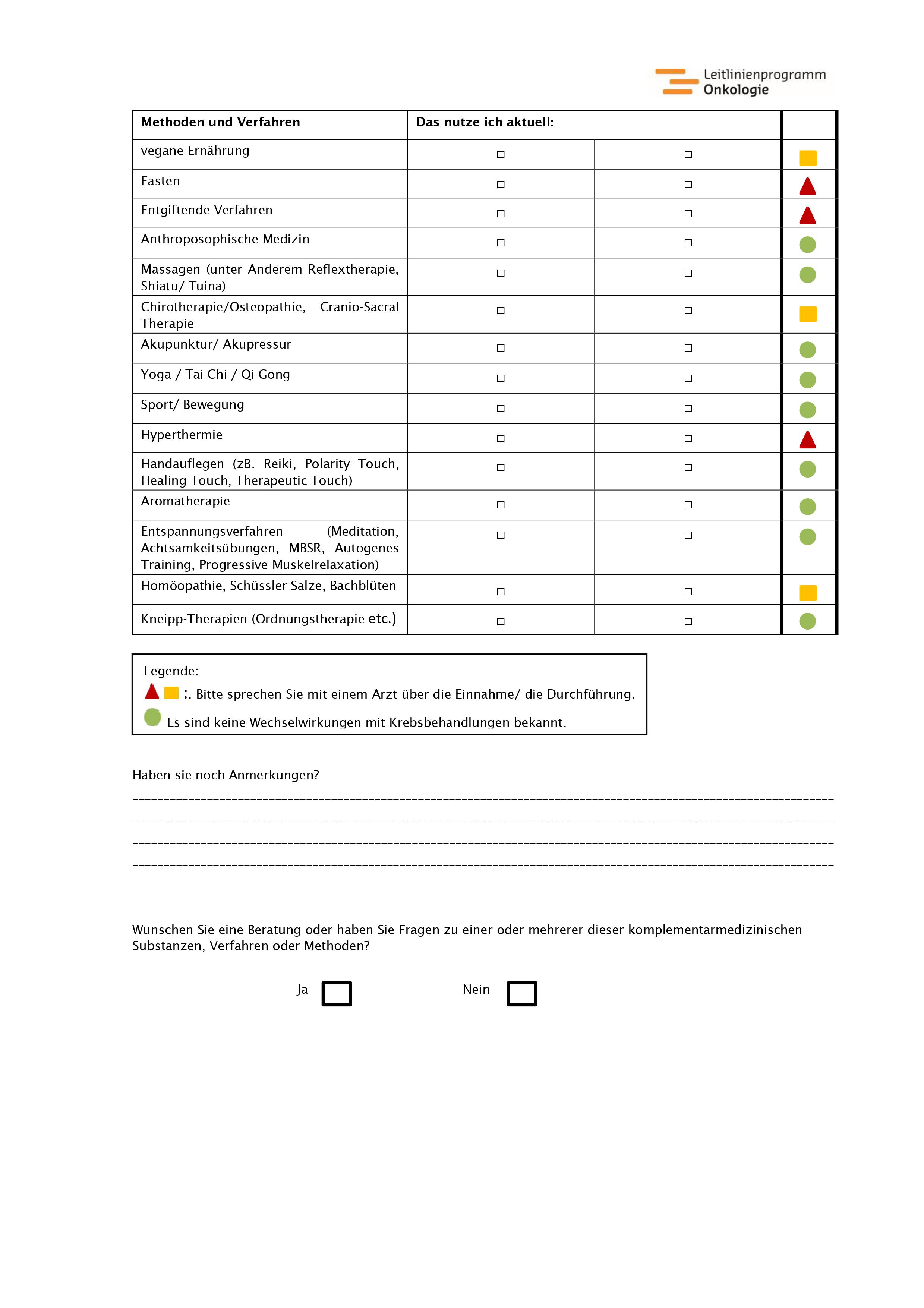 Fragebogen strukturierte Erfassung komplementärmedizinischer Verfahren (Seite 2)