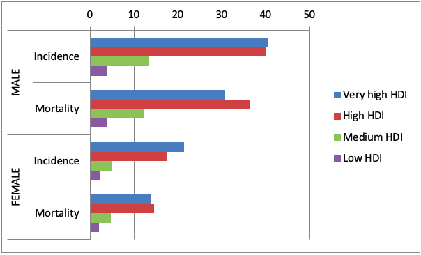 Geschätzte altersstandardisierte Lungenkrebs-Inzidenz- und Mortalitätsraten pro 100.000 Einwohner (Weltstandardpopulation) in 2018, unterteilt nach Geschlecht und Human Development Index (HDI)