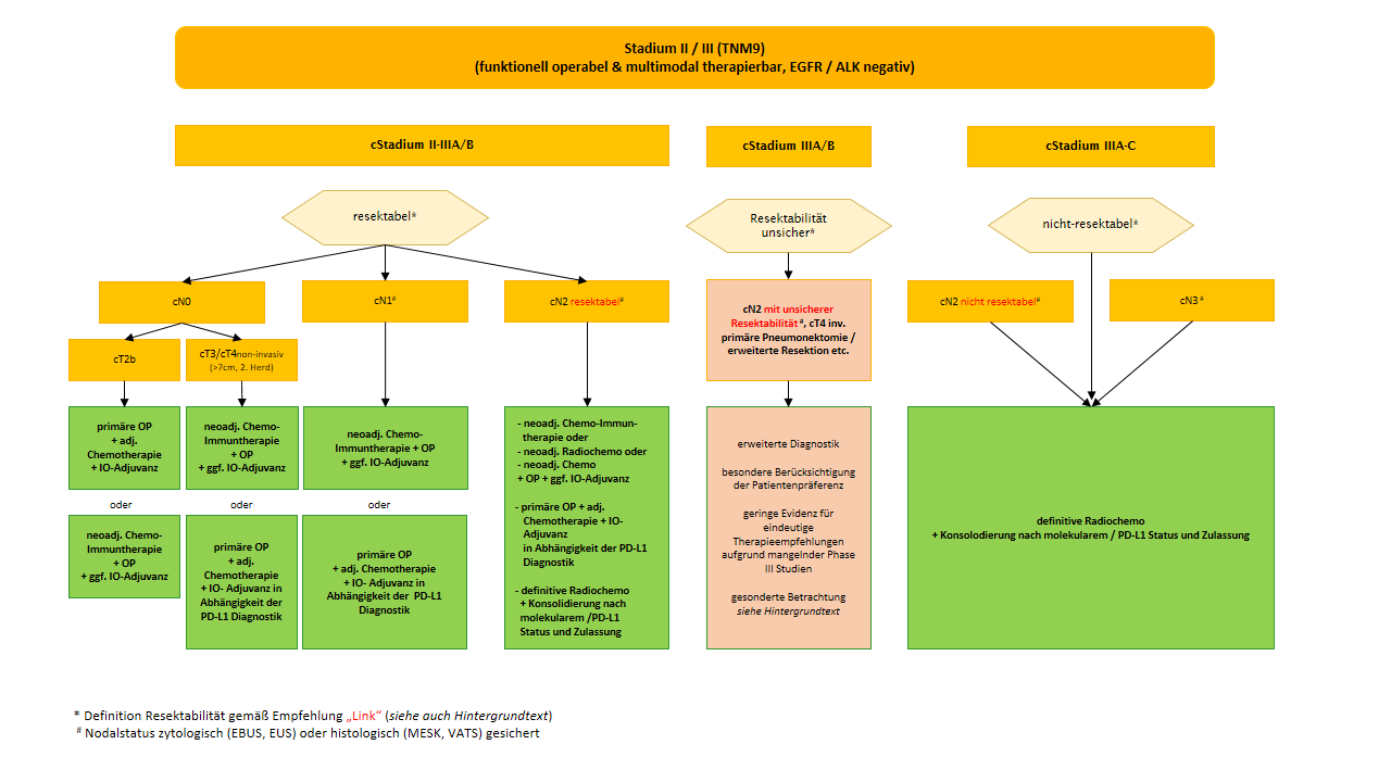 Flowchart NSCLC Stadium II/III multimodale Therapie (ohne EGFR und ALK)