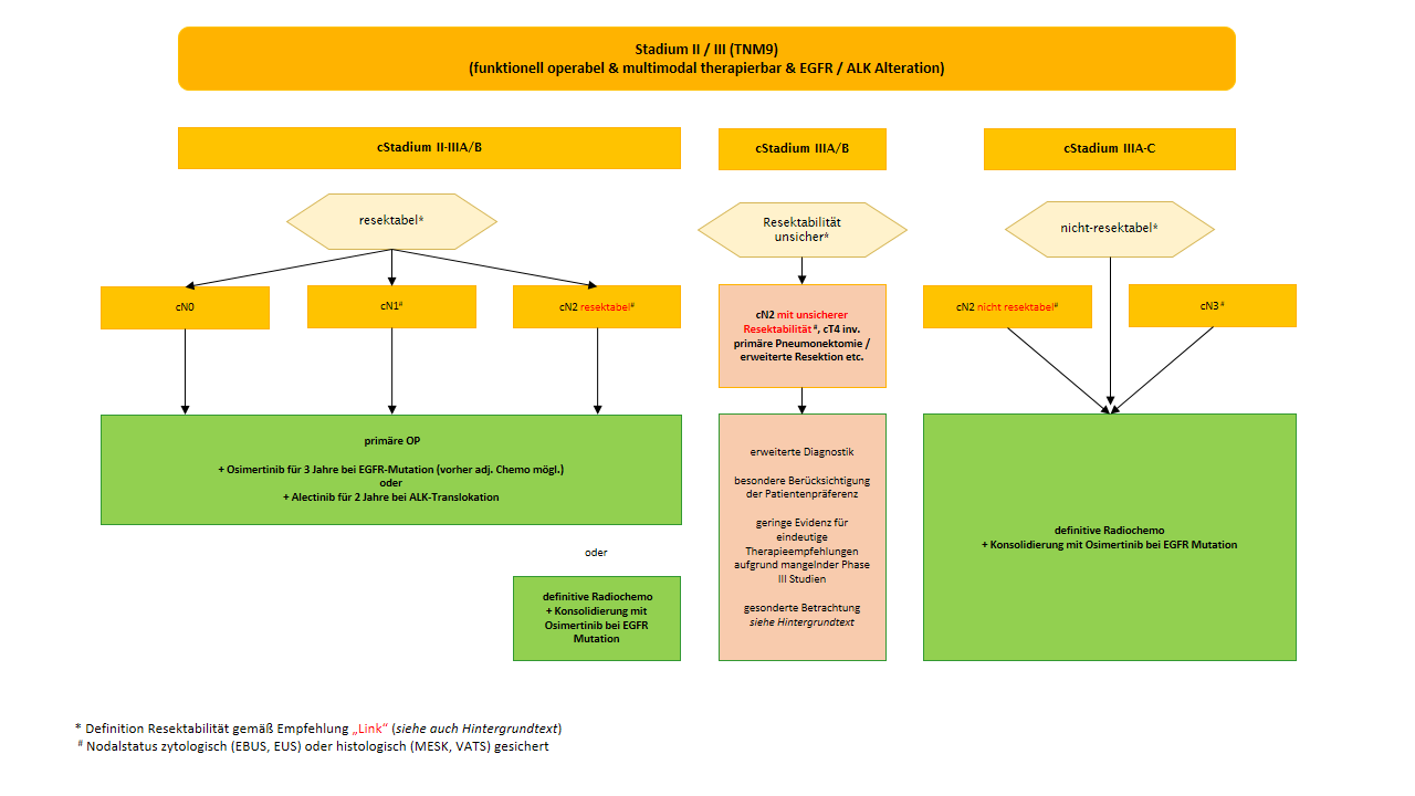 Flowchart NSCLC Stadium II/III multimodale Therapie (mit EGFR und ALK)