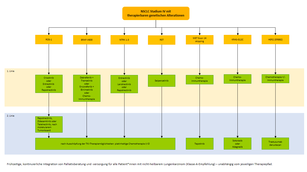 Flowchart NSCLC IV mit therapierbaren Treibermutationen - ROS, BRAF, NTRK, RET, MET, KRAS,HER2