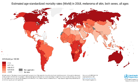 Altersstandardisierte Melanomsterblichkeit in Europa im Jahr 2018 (Weltstandard) (International Agency for Research on Cancer, 2010b)